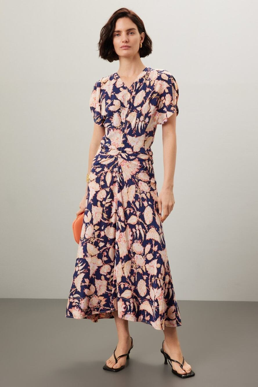 A.L.C. Remy Navy Pink Floral Print Silk Blend Short Sleeve Midi Dress Size 4